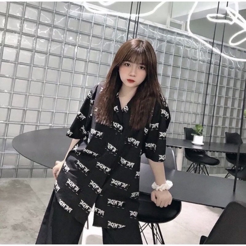 Áo Sơ Mi Hoạ Tiết Hình Chữ Tay Ngắn Cổ Vest Thời Trang Unisex Vải Lụa Chéo