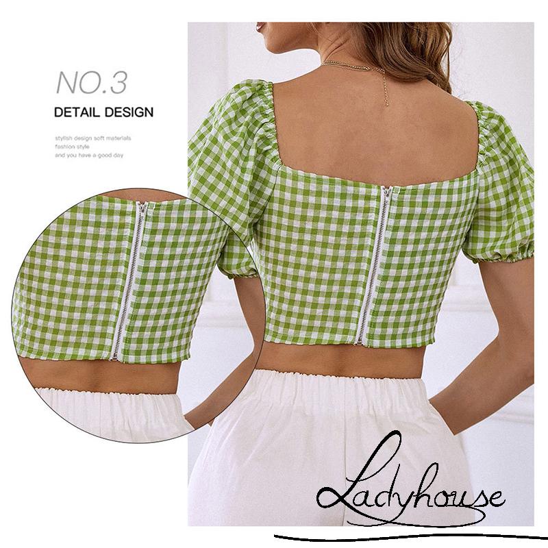 Áo Croptop Tay Ngắn Phồng Cổ Vuông Hở Lưng Phối Khóa Kéo Thời Trang Mùa Hè Cho Nữ