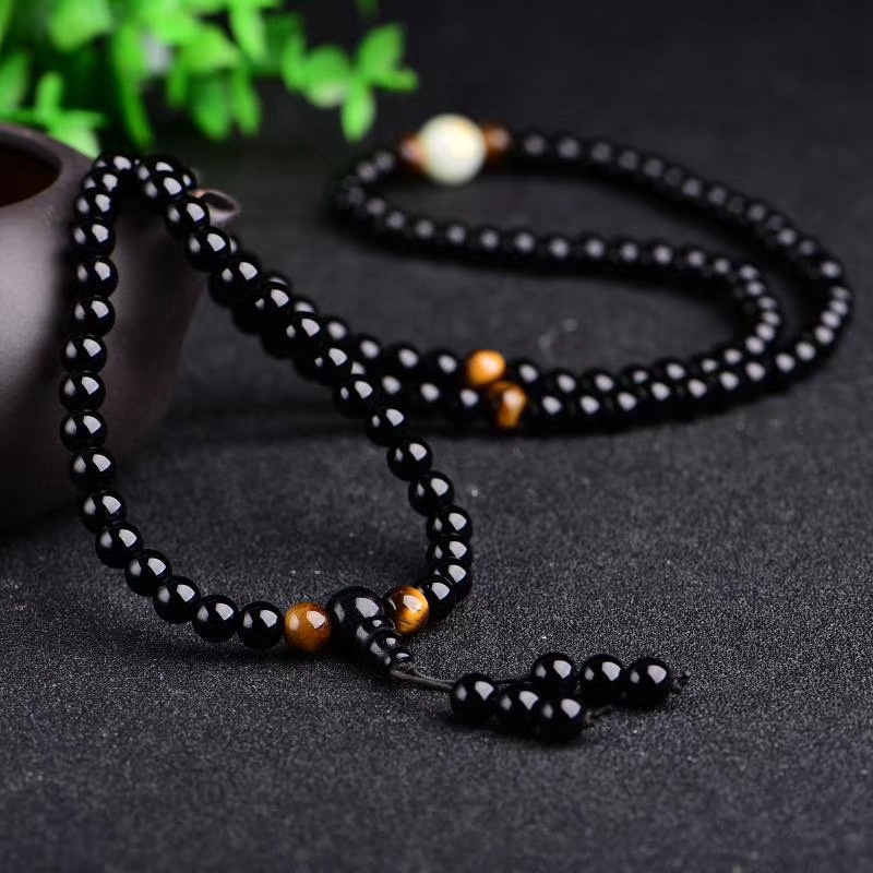 Vòng 108 hạt đá obsidian 6/8mm màu đen mặt cung hoàng đạo phản quang thời trang cho nam và nữ 