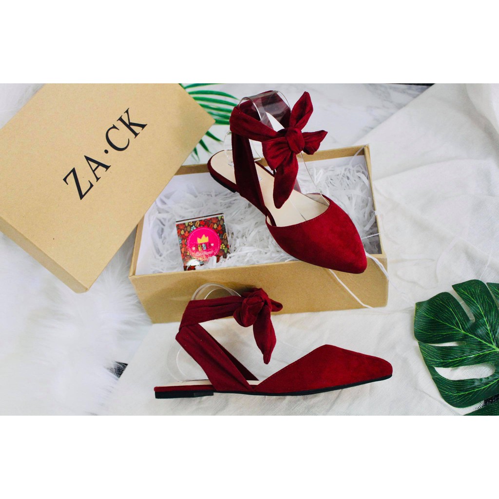 Giày búp bê gót buộc vải nơ 2 màu đỏ đô, kem | BigBuy360 - bigbuy360.vn