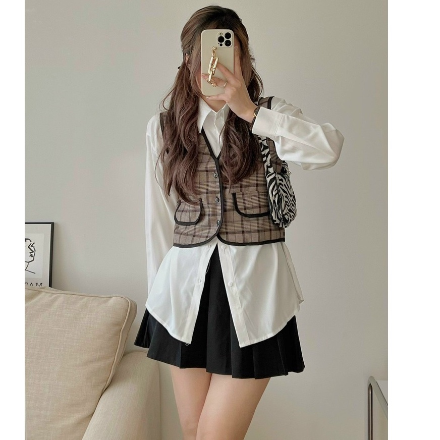 Set đồ nữ áo sơ mi trắng dài tay kèm áo gile kẻ viền đen 2 lớp dày dặn, set 2 món Sơ mi nữ form rộng dài tay kèm gile kẻ