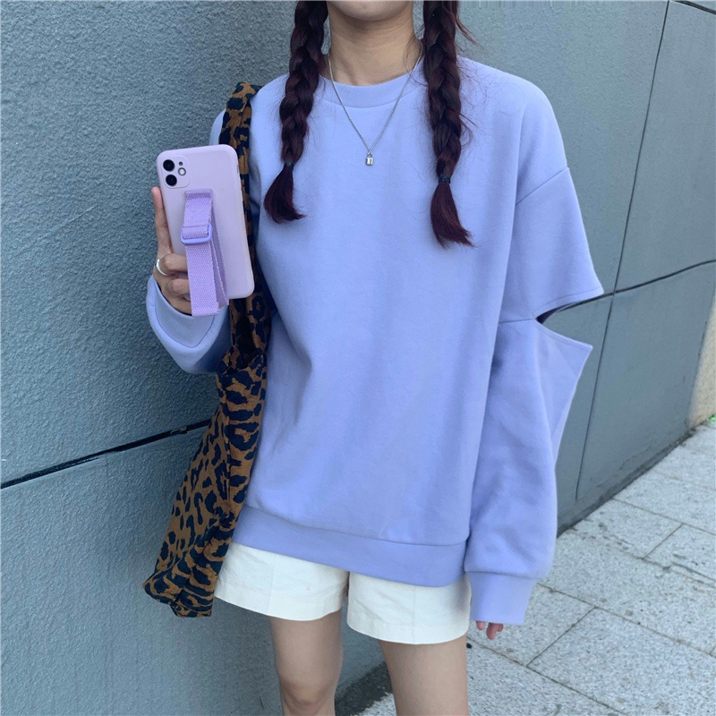 SUXI Áo Sweater Tay Dài Cổ Tròn Dáng Rộng Thiết Kế Rách Thời Trang Xuân Thu Cho Nữ