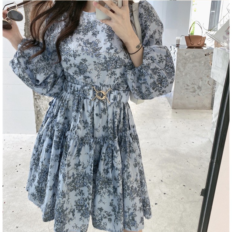 Đầm tay dài cổ tròn in họa tiết hoa phong cách Hàn Quốc xinh xắn thời trang cho nữ | BigBuy360 - bigbuy360.vn