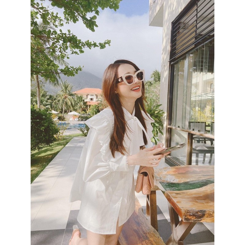 Áo sơ mi phối bèo G113 CÓ BIGSIZE dáng dài giấu quần, che bụng mỡ hiệu quả, chất vải đẹp không bị nóng và nhăn GEM.VN