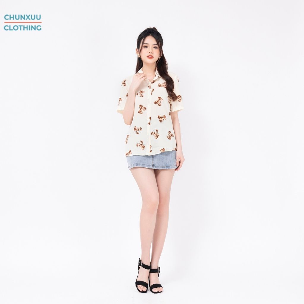 Áo sơ mi nữ kiểu cộc tay Chunxuu thiết kế kiểu dáng basic họa tiết gấu bear thời trang - SK04