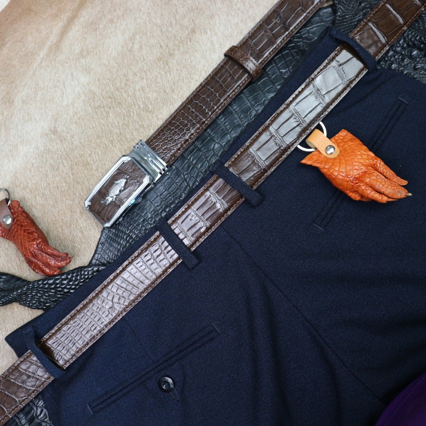 Dây nịt - Thắt lưng da cá sấu Fadoda cao cấp thật bản nhỏ 3.5Cm làm từ da bụng cá sấu màu nâu đất - FCB02-02B