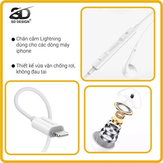 Tai nghe dây nhét tai SD DESIGN H8 chính hãng jack cắm Lightning có mic đàm thoại - Kết nối bluetooth mới dùng được