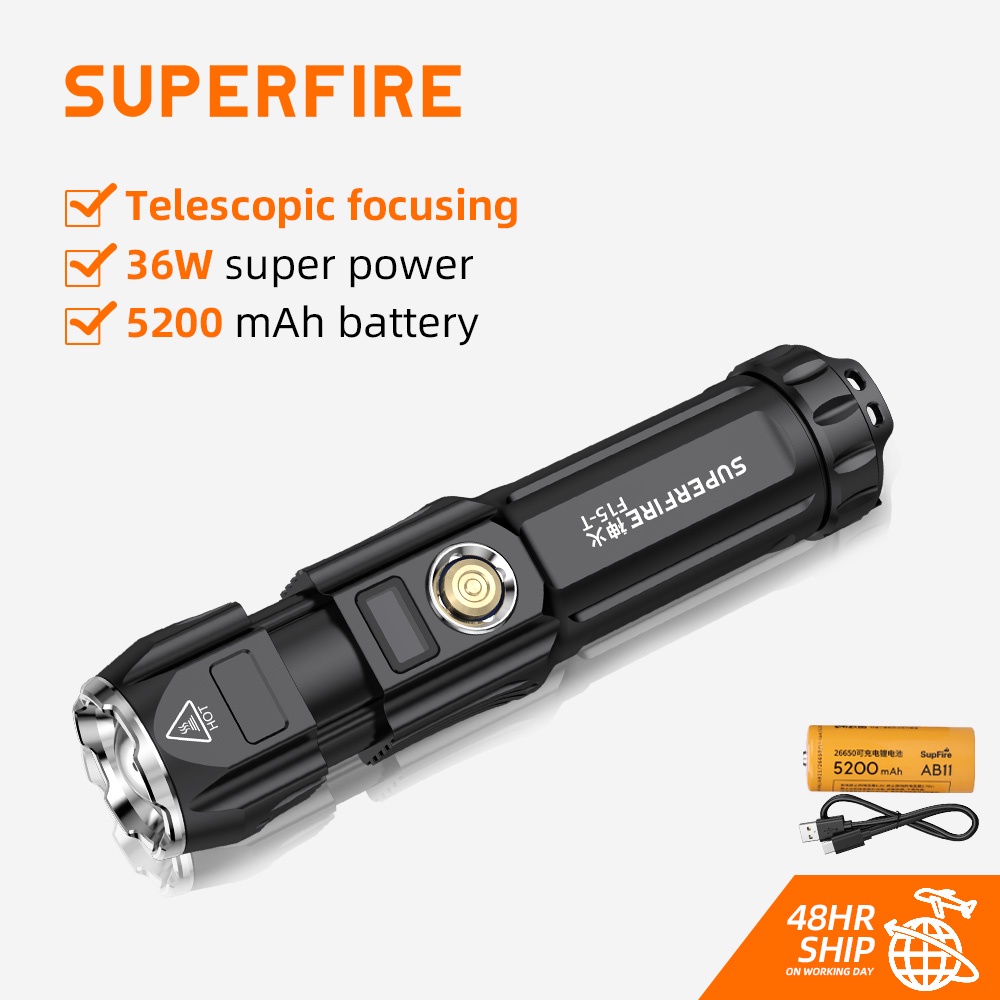 Đèn pin Superfire F15-T CREE Xhp90 36W siêu sáng màn hình LCD mạnh mẽ sạc cổng USB 5200mah 6 mức độ sáng