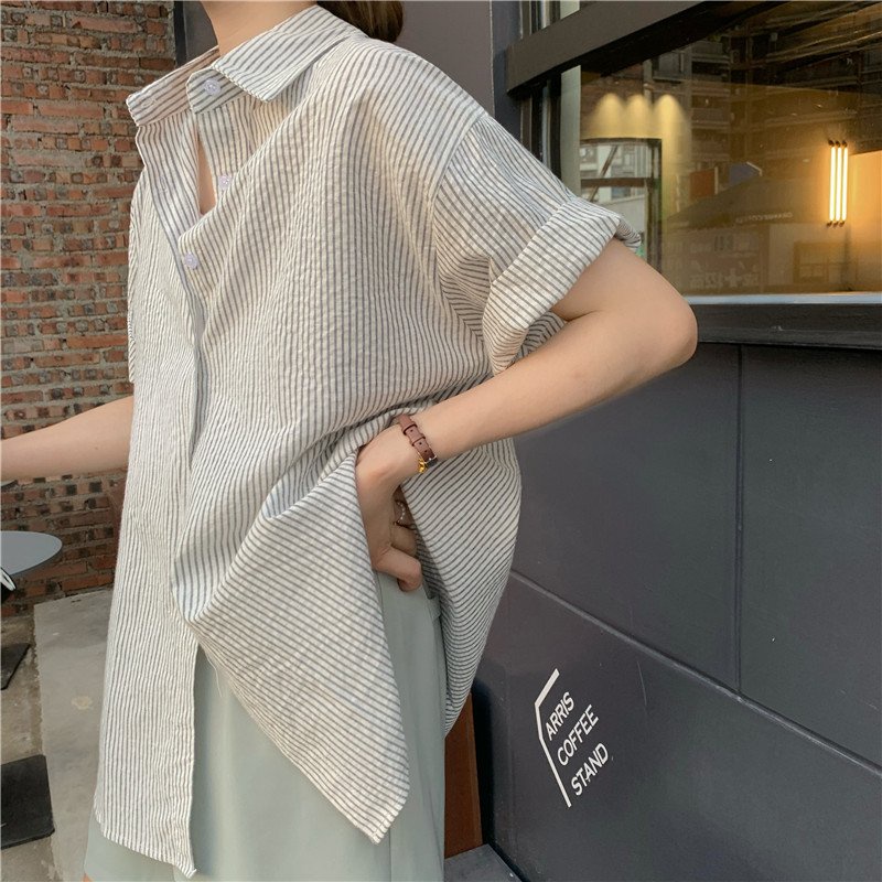 Áo Sơ Mi Kẻ Cộc Tay Nữ Vải Kate 🦋 Áo Somi Nữ Ulzzang Dáng Dài 2 Màu 🦋