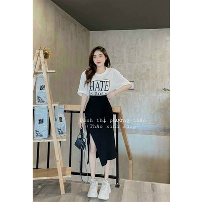 [ Miễn phí ship 2022] Set áo trắng from rộng in chữ hate mix chân váy xẻ tà rút dây, đi chơi, dạo phố cá tính năng động