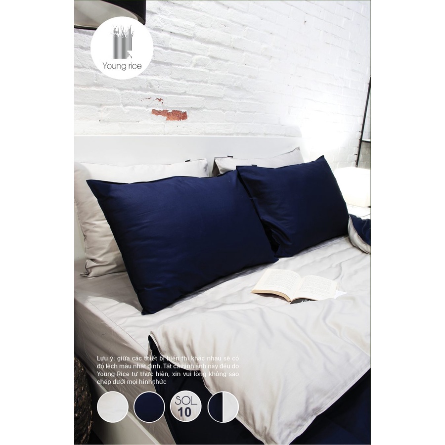 Bộ Chăn Drap Gối Cotton Trơn Sol 10 Cao Cấp Hàn Quốc Tone Xanh Xám Sang Trọng Young Rice (Set 6 Món)