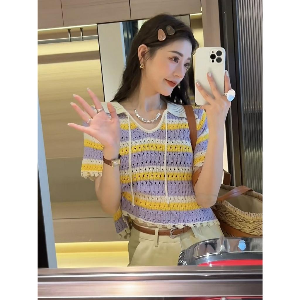 ZHELIHANGFEI Áo Sweater Dệt Kim Cổ Bẻ Cột Dây Màu Sắc Ngọt Ngào Phong Cách Pháp