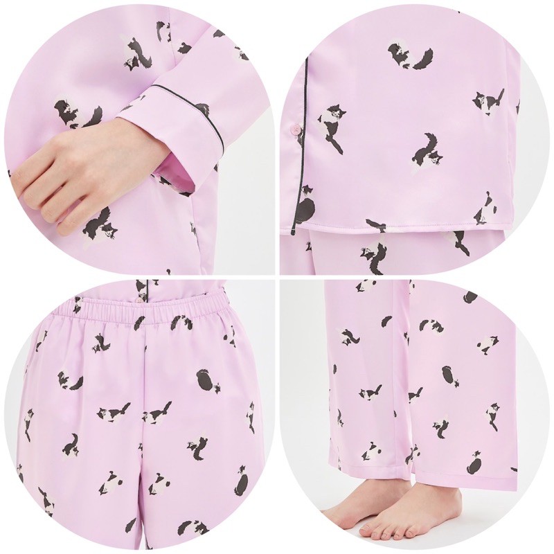 Bộ quần áo dài pyjama nữ in hình mèo dễ thương, xinh xắn của GU - Nhật Bản