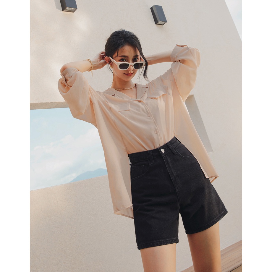 Quần short denim cài nút tối giản nữ Air Space 2121823020