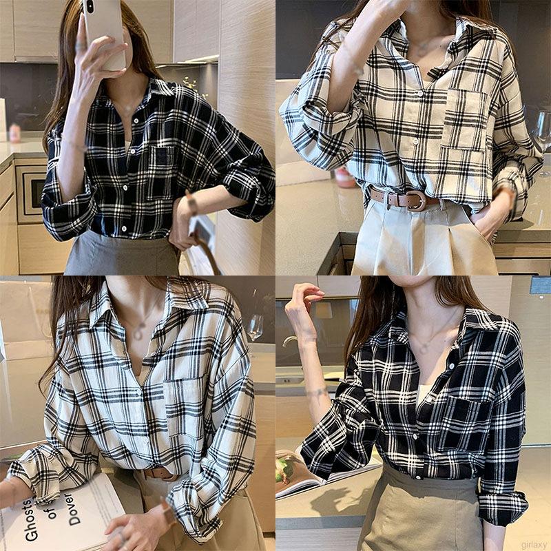 Áo sơ mi tay dài dáng rộng in họa tiết caro thời trang Hàn Quốc cổ điển