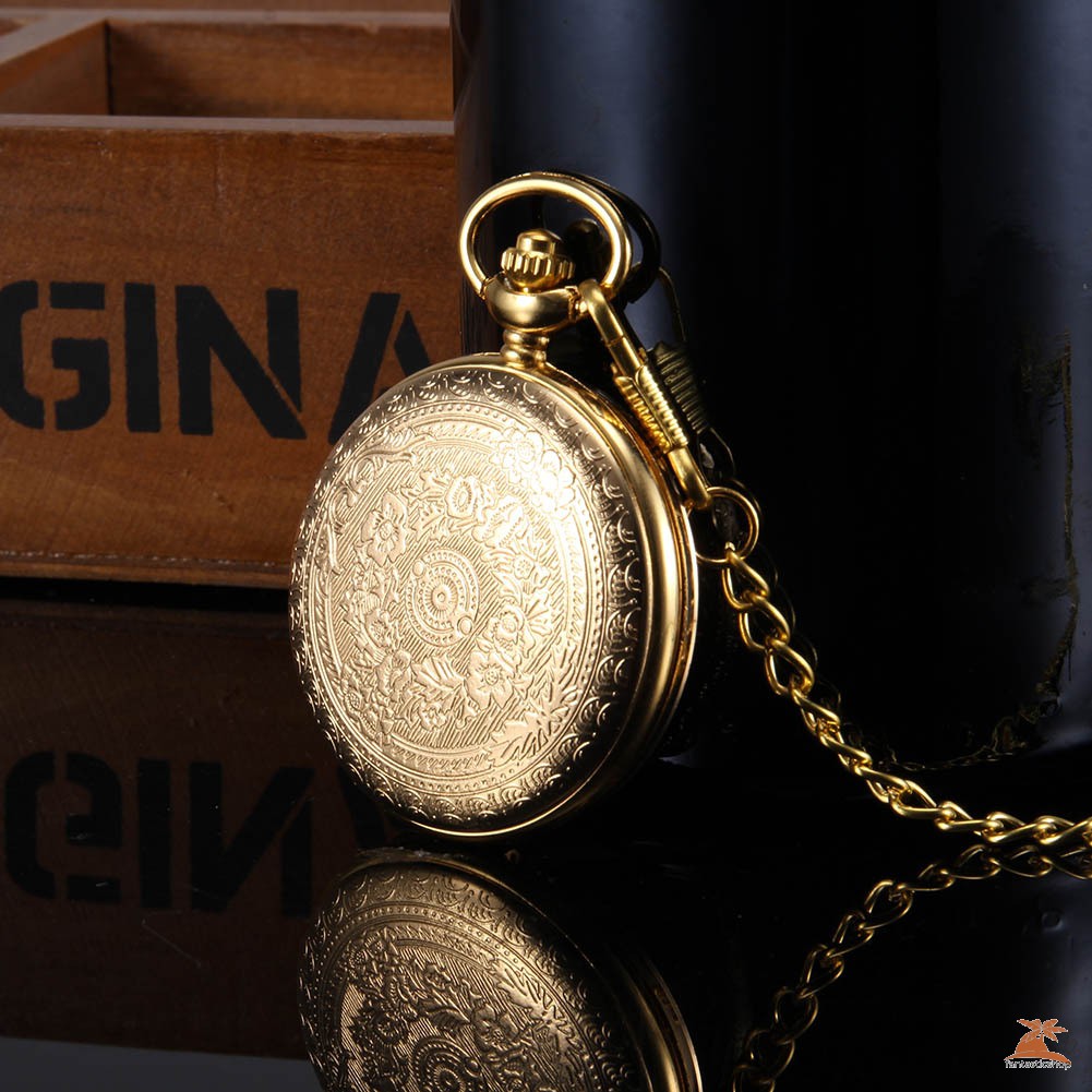 #Đồng hồ bỏ túi# 1pc Men Women Quartz Pocket Watch Golden Carved Pattern Case with Chain