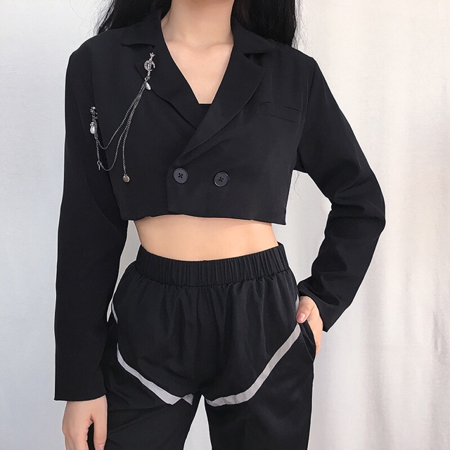 Áo khoác vest croptop kèm cài áo xám/đen