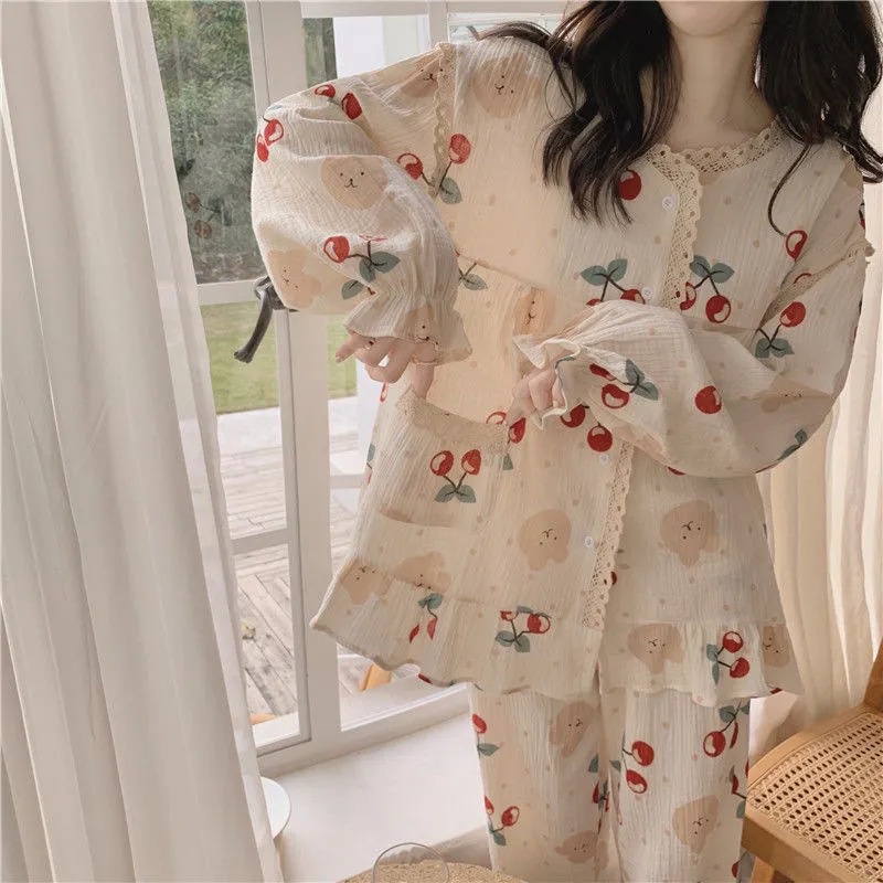 Bộ đồ ngủ thu đông anh đào dài tay phối ren dễ thương