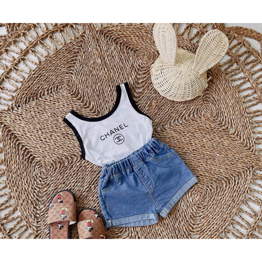 Bộ sát nách bo viền chữ X áo quần jean bé gái