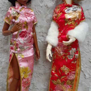 Sườn xám dài vải gấm và lụa búp bê BJD 1/3