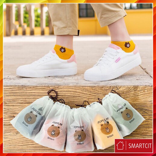 Set Tất vớ nữ cổ ngắn hình Gấu Brown loại 1 - tặng kèm túi rút lụa mờ sang mịn T3B1