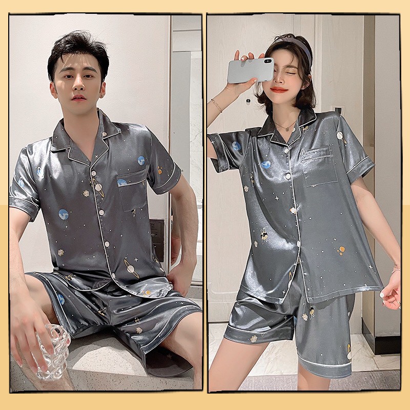 Bộ pijama nam nữ cộc tay chất liệu phi bóng cao cấp