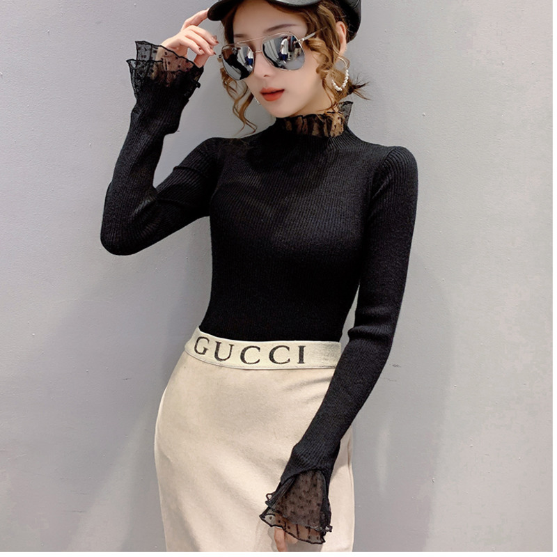Áo sweater RENJIANVSHENG dệt kim tay dài phối ren hoa thiết kế ôm sát tôn dáng gợi cảm