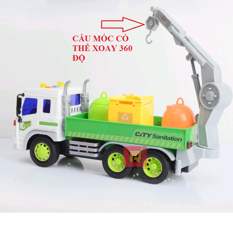 Mô hình xe ô tô chở rác có cẩu móc và 3 thùng hàng đồ chơi trẻ em tỉ lệ 1:16