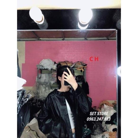 Áo khoác da nữ cổ trụ, màu đen trơn basic,dáng rộng ulzzang thu đông &lt;55kg