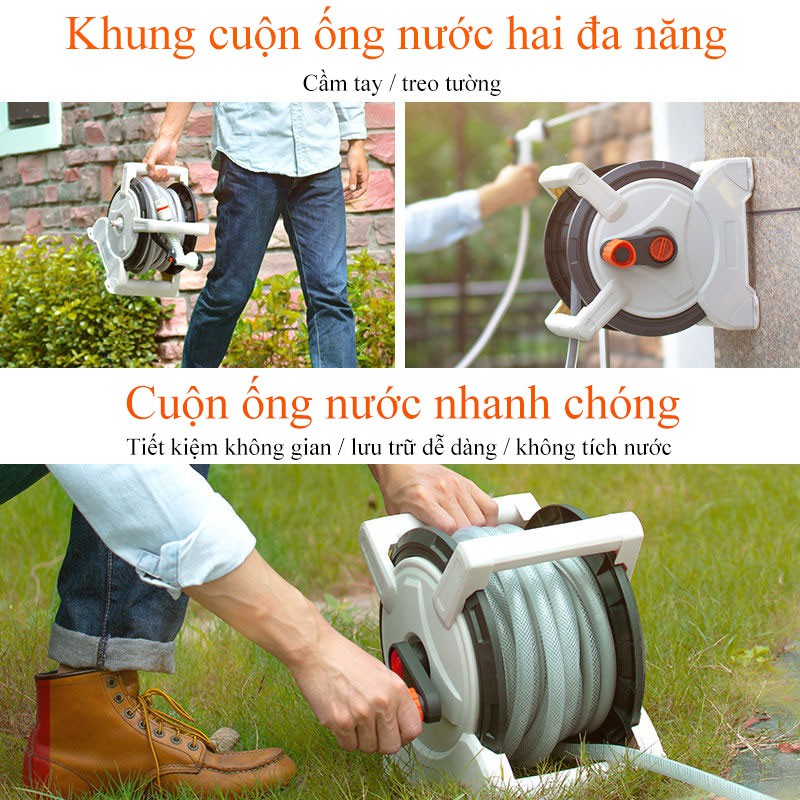 Bộ vòi nước tăng áp lực nước kèm Khung cuộn ống nước dạng cuộn tròn 15 mét (Full phụ kiện)