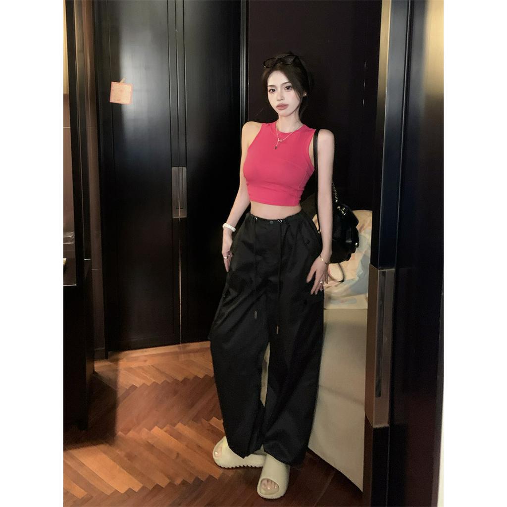 QADCOL Set Áo Thun Không Tay + Quần ống rộng Lưng Cao Thời Trang Mùa Hè Cho Nữ