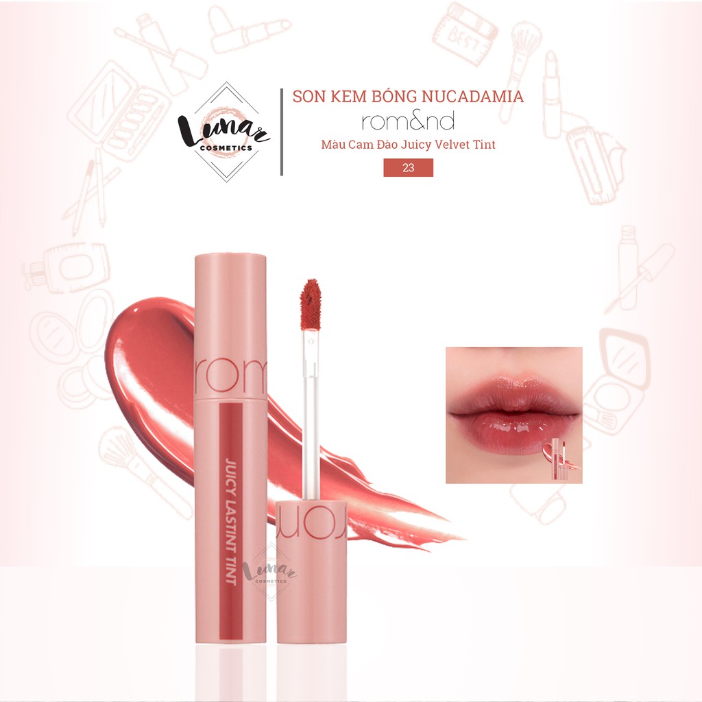 [Mẫu Mới] Son Kem Bóng Romand Màu Cam Đào Juicy Velvet Tint 23 Nucadamia