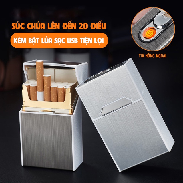 Hộp đựng thuốc lá 20 điếu to kiêm châm điện hồng ngoại 2 trong 1 dạc USB tiện lợi không ngại mưa gió loại tốt