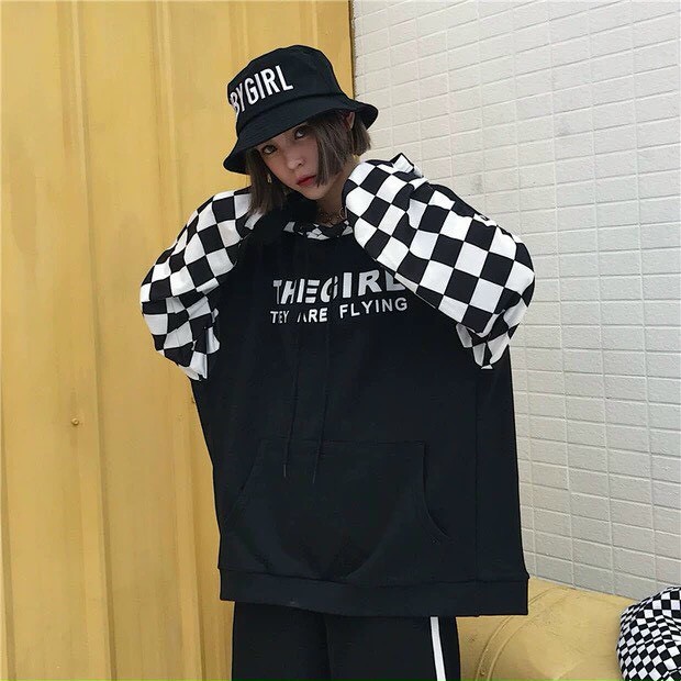 Áo khoác, áo hoodie unisex nam nữ nỉ ngoại The Girl phối caro năng động thời trang học đường