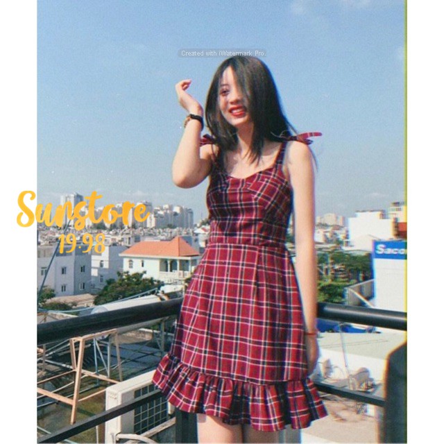 Đầm 2 dây caro đỏ form xoè mariko | BigBuy360 - bigbuy360.vn