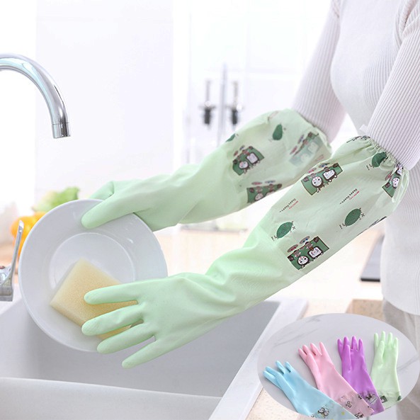 HCM - Găng tay dài rửa chén lót bông mặt trong họa tiết hoạt hình kute