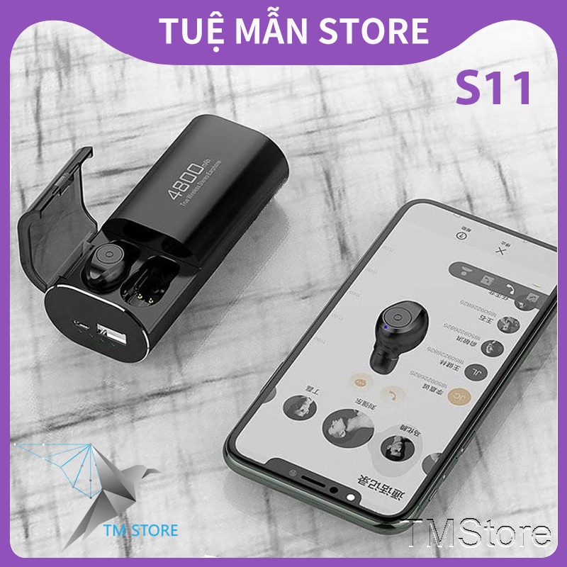 Tai nghe bluetooth không dây S11 TWS TM Shop kiêm sạc dự phòng 4800mAh chống nước Ipx5 chống ồn nhét tai chính hãng