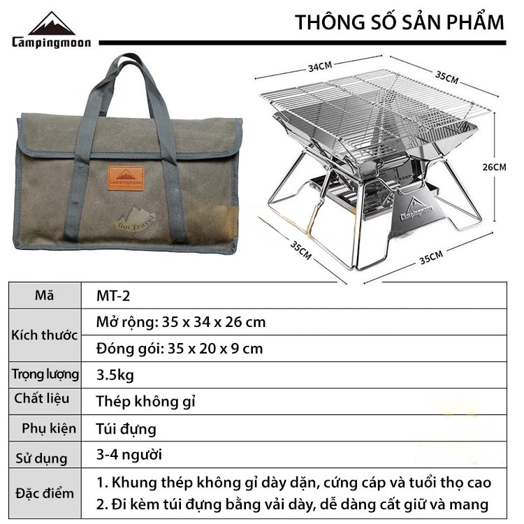 Bếp Nướng Than Hoa Dã Ngoại Cắm Trại Camping Moon Bếp Nướng BBQ Du Lịch Ngoài Trời Gấp Gọn Kèm Túi Đựng VT169
