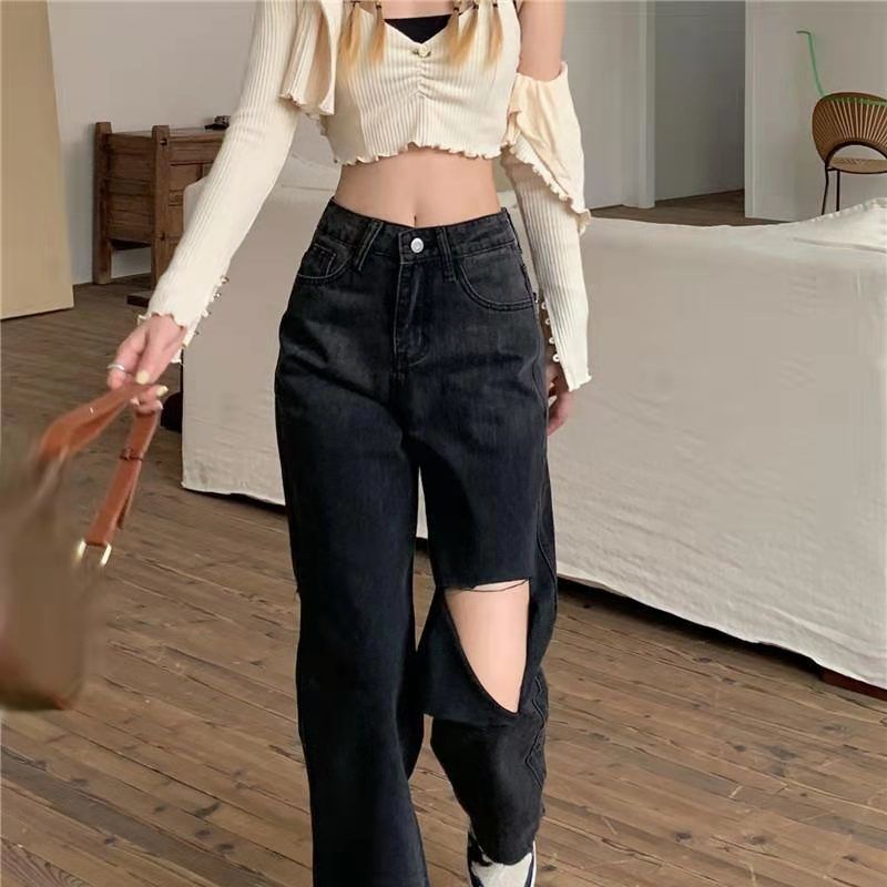 Jiashucheng Quần Jeans Nữ Lưng Cao Dáng Ôm Rách Cá Tính