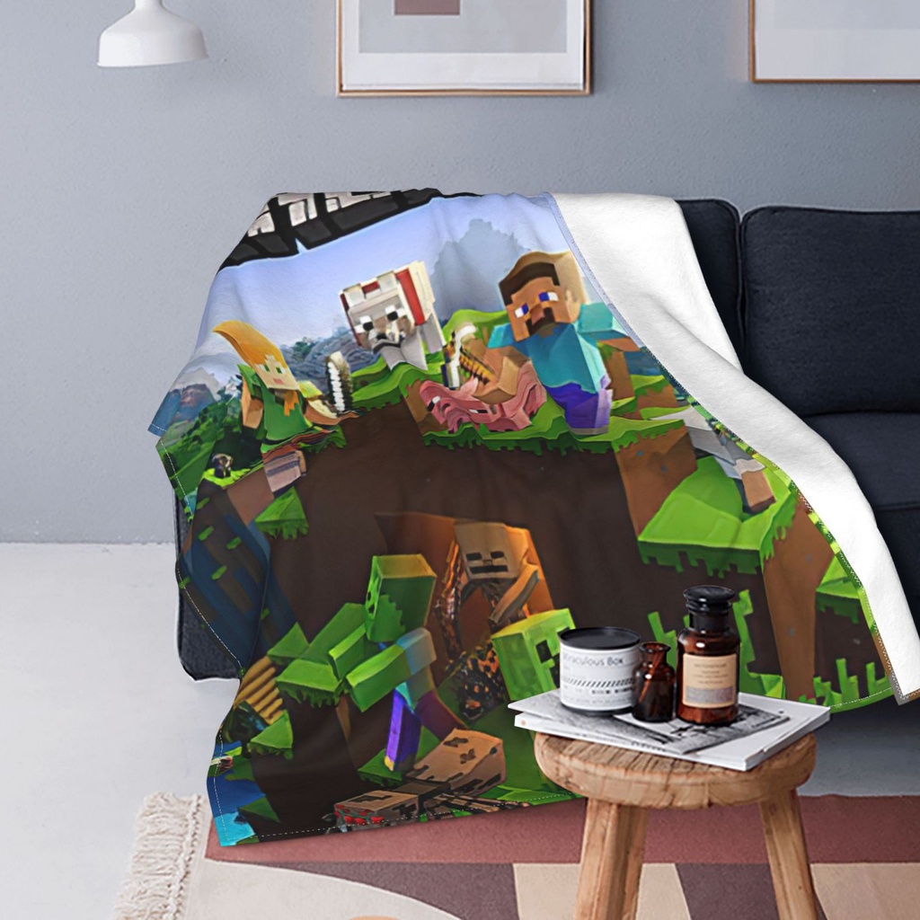 Chăn ngủ vải cotton flannel in họa tiết Minecraft Prestonplayz màu xanh lá