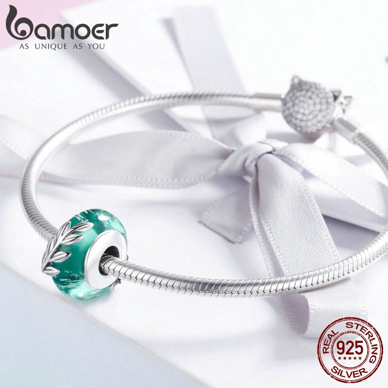 Hạt phụ kiện Bamoer Scc863 bạc 925 chạm khắc hình chiếc lá trang trí vòng tay thời trang