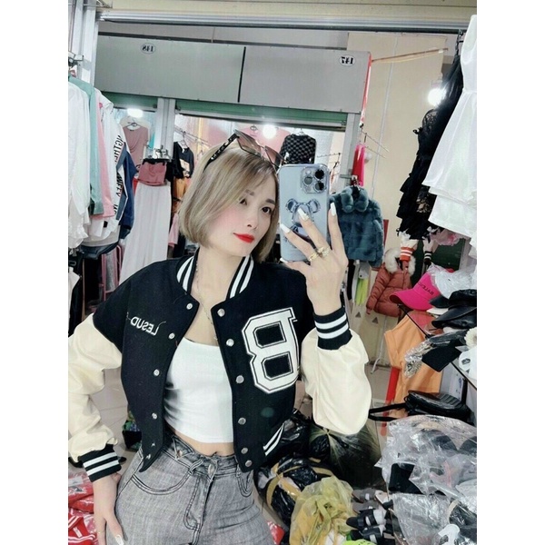 Áo khoác nỉ croptop thêu chữ - Bomber croptop thêu chữ B