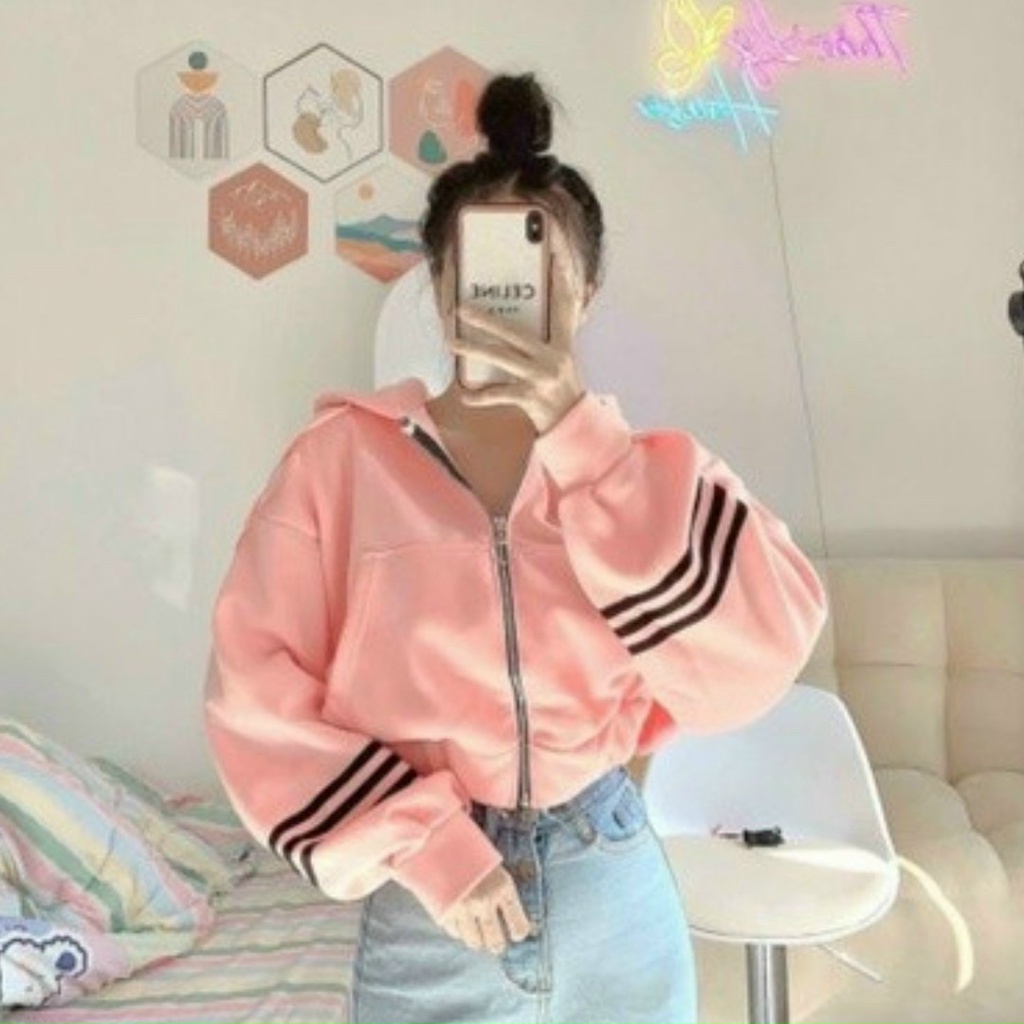 ÁO KHOÁC NỈ NỮ CROPTOP PHỐI SỌC TAY ÁO FROM RỘNG PHONG CÁCH HÀN QUỐC