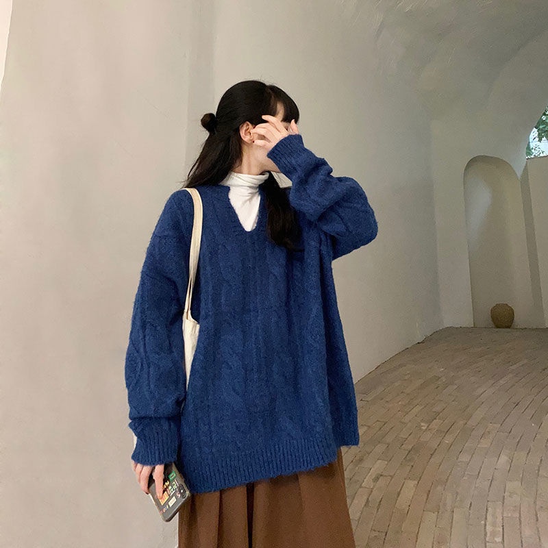 Áo len cổ chữ Y màu xanh nâu ghi hồng dáng rộng thời trang phong cách retro phom unisex nam nữ dài tay basic