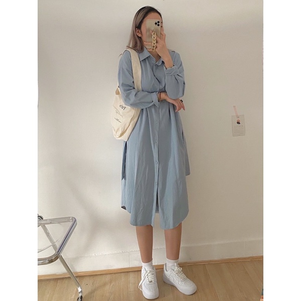 Váy sơmi trơn dáng suông dài tay kèm đai