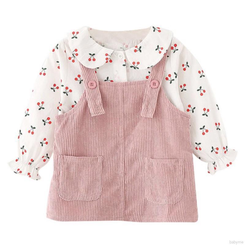 Bộ áo cổ tròn tay dài họa tiết quả cherry hoạt hình và đầm hai dây thời trang mùa hè dành cho em bé