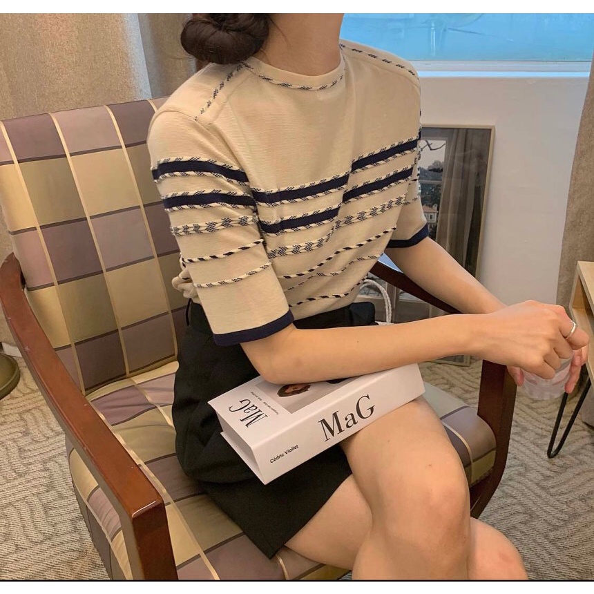 【Giselle】Áo Dệt Kim Ngắn Tay Họa Tiết Kẻ Sọc Thời Trang Mùa Hè Phong Cách Vintage