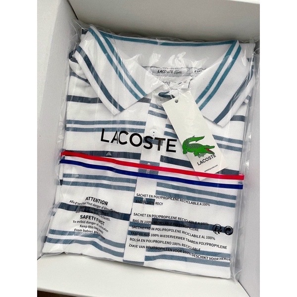 Áo polo trắng Lacoste cá sấu nam nữ sọc ngang