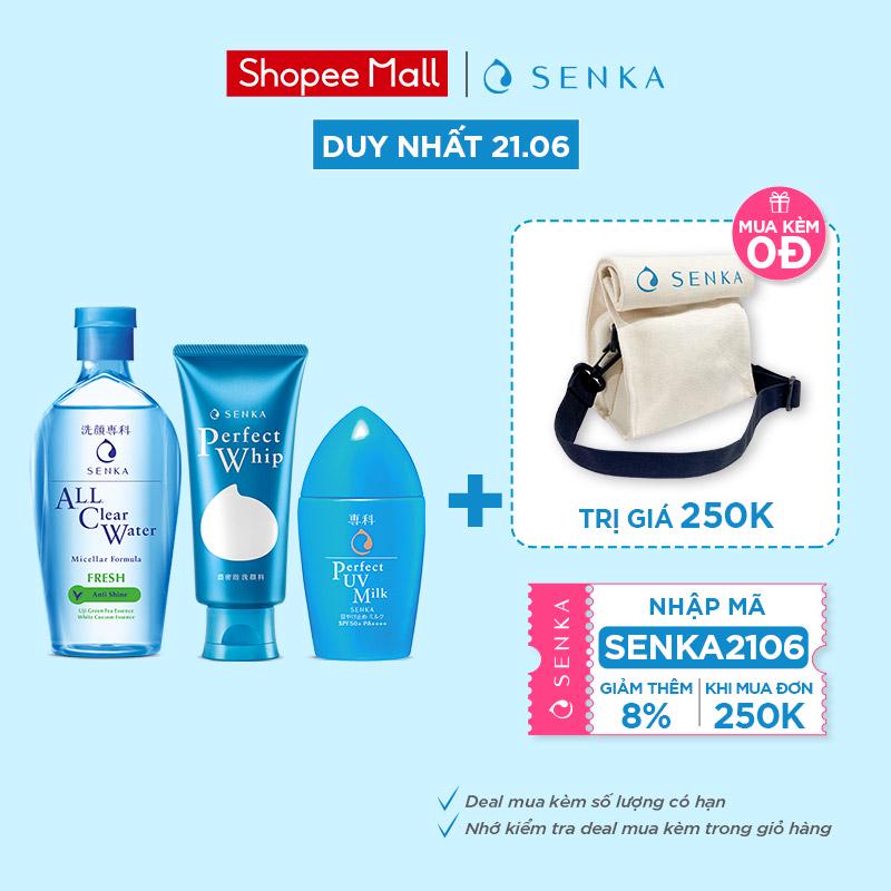 Combo Senka Làm Sạch Chống Nắng Kiềm Dầu Hoàn Hảo (Water Fresh 230ml + Perfect Whip 120g + UV Milk 40ml)