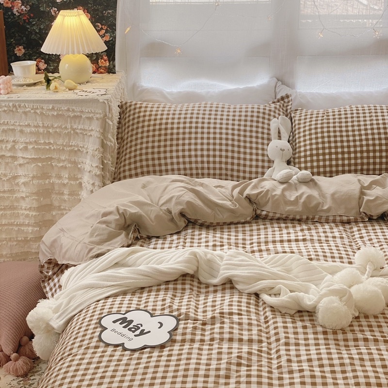 Bộ chăn ga gối Cotton Poly Caro Be màu nâu beige MÂY BEDDING đủ kích thước nệm